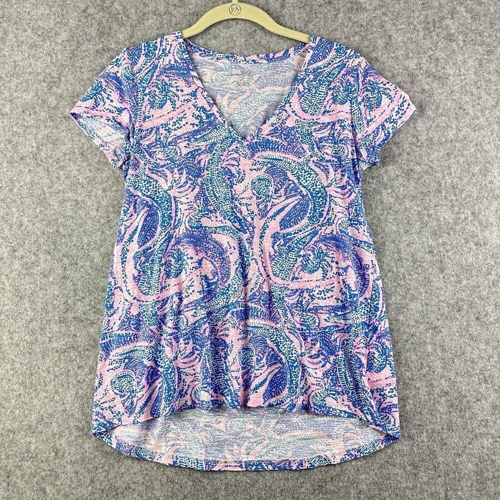 Lilly Pulitzer Etta Top Womens S Pink Blue ViNeck Gators Preppy Beach Coastal